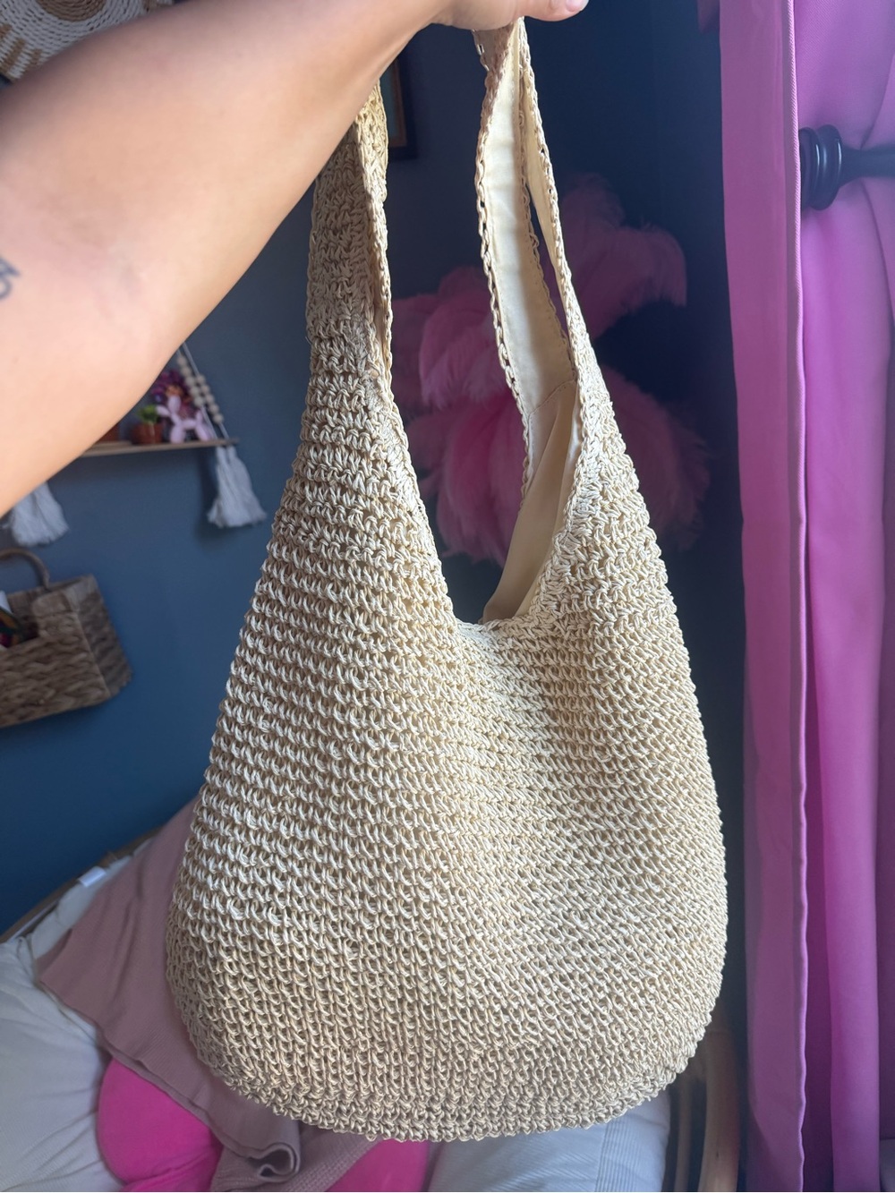 Woven Straw Hobo Bag - Cream